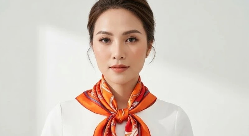 Chiếc khăn lụa vuông có họa tiết màu đỏ cam được thắt điệu đà quanh cổ áo