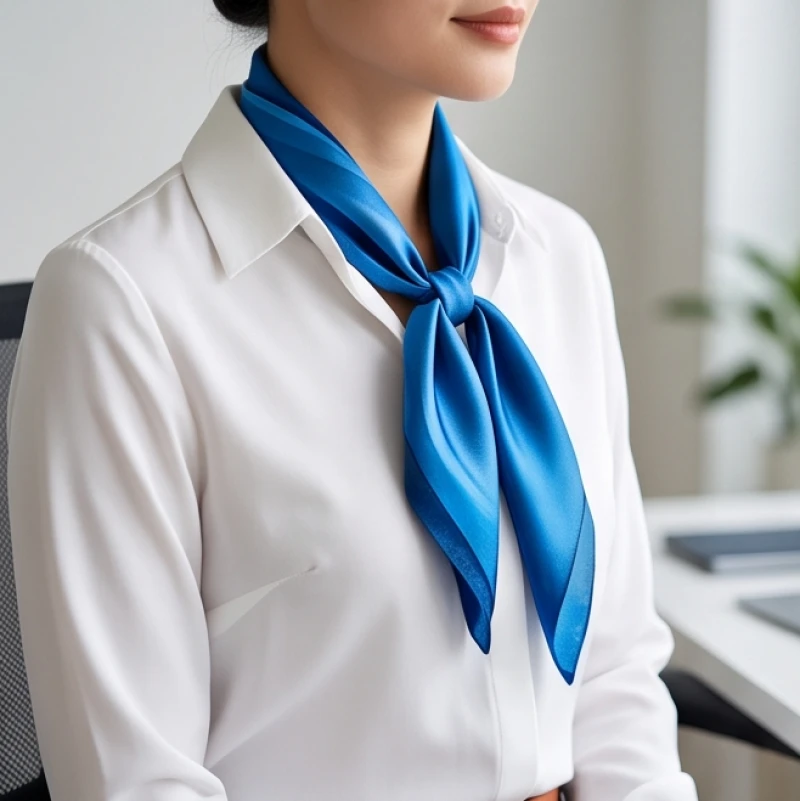 Màu trang phục hợp tuổi Thân: quy tắc phối đồ và chọn phụ kiện 6 Phối khăn quàng cổ lụa màu xanh biển trên nền áo sơ mi trắng để tạo lớp đệm phong thủy
