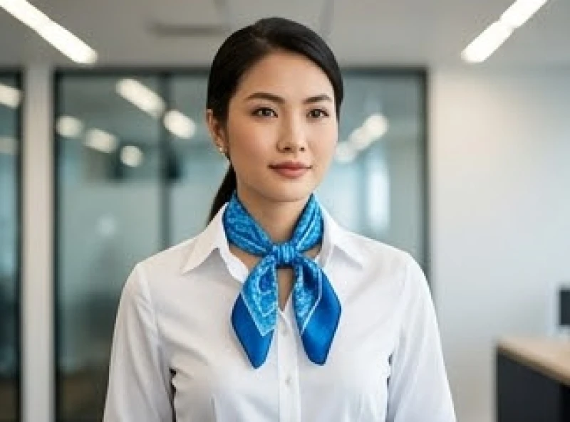 Người phụ nữ mặc áo sơ mi trắng thắt thêm chiếc khăn lụa màu xanh dương