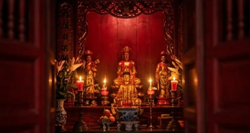 Không gian tĩnh lặng tại Cung cấm nơi người đi lễ lâm râm khấn nguyện trước ban Mẫu Bồ Đề