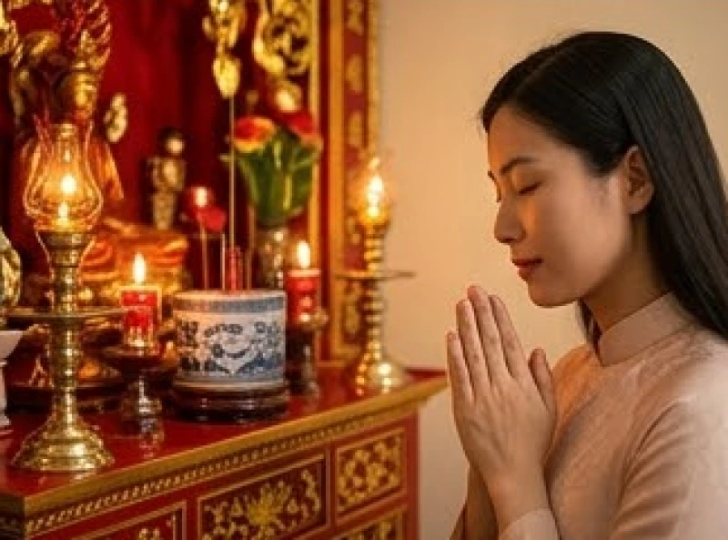 Văn khấn cầu duyên: Trình tự dâng lễ, viết sớ và tạ lễ bài bản 8 Người phụ nữ nhắm mắt thành tâm khấn nguyện xin Đức Nguyệt Lão se sợi chỉ hồng