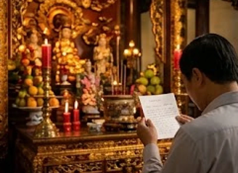Tín chủ chắp tay thành kính đọc thầm những lời khấn nguyện an lành trước ban thờ uy nghi tại đền cổ