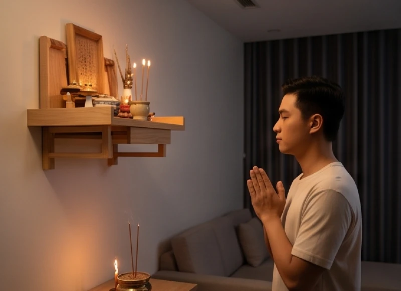 Có cần đọc văn khấn thành tiếng không: Quy tắc chọn âm lượng chuẩn 5 Gia chủ thành tâm nhẩm khấn thầm trong không gian phòng khách chung cư hiện đại