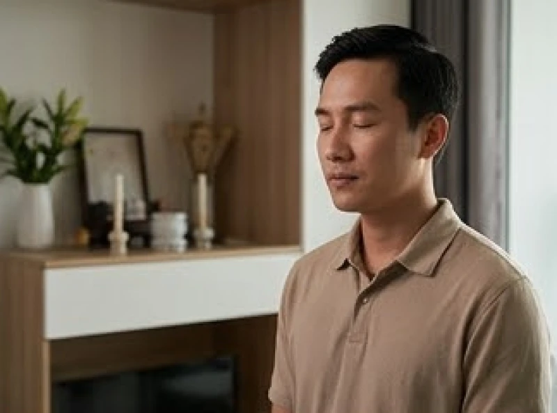Không thuộc văn khấn có được đọc từ giấy không: Quy tắc chuẩn 2 Người đàn ông nhắm mắt khấn thầm trước ban thờ trong không gian căn hộ chung cư hiện đại