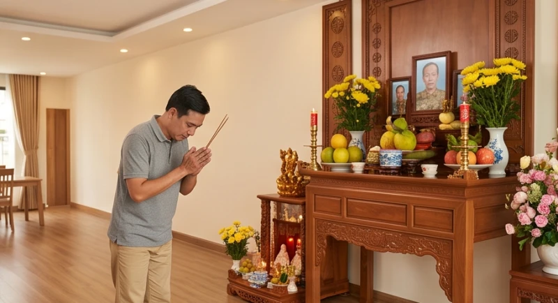 Văn khấn chuộc nhà khi mượn tuổi: Toàn văn bài khấn và mẫu giấy 5 Chủ nhà thành kính dâng hương trước ban thờ thần linh thổ địa để báo cáo việc nhận nhà