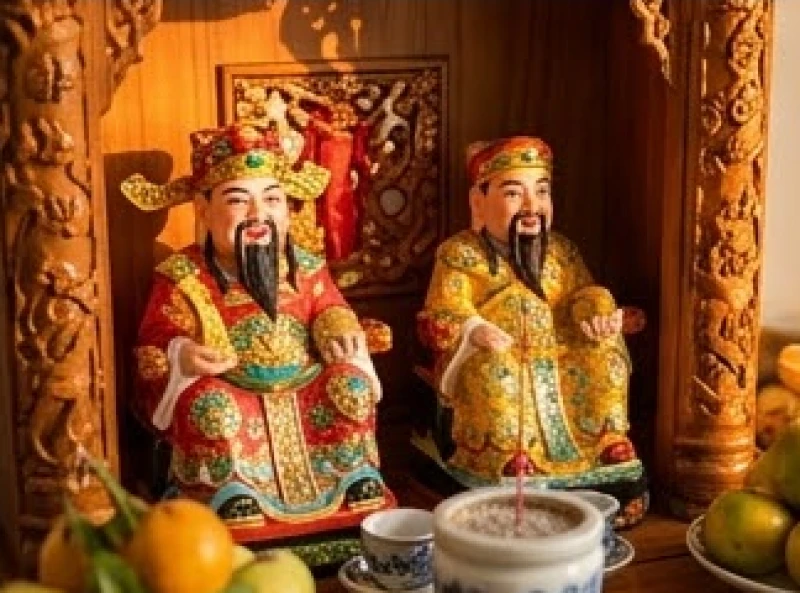 Ánh mắt thành kính hướng về tôn tượng Thần Tài Thổ Địa để gửi gắm lời cảm tạ