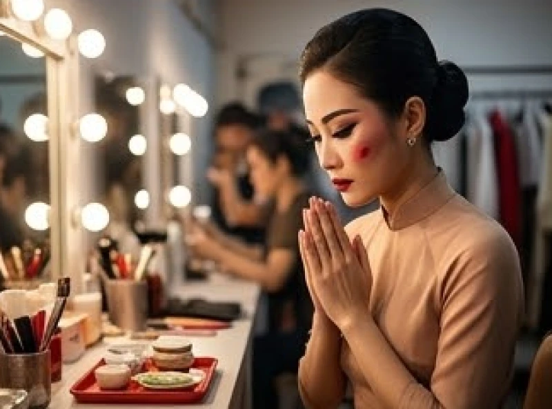 Diễn viên nữ đang trang điểm chắp tay vái nhẩm xin lộc diễn trước một mâm cúng nhỏ dã chiến tại hậu trường