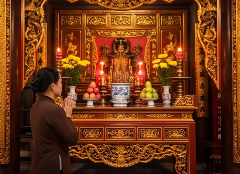 Văn khấn khi đi lễ đền: Chi tiết bài khấn Nôm và cách sắm lễ 8 Tín chủ đứng trang nghiêm chắp tay ngang ngực thành kính đọc lời khấn nguyện trước ban Công Đồng uy nghi lộng lẫy