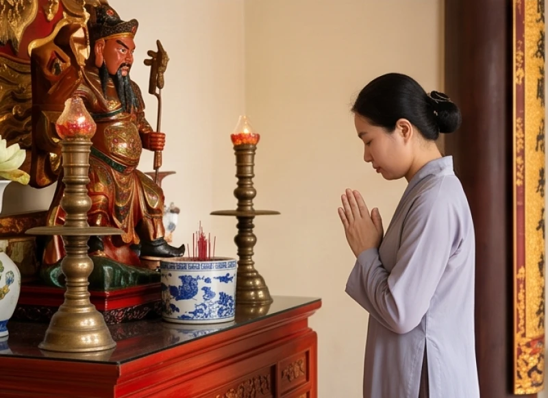 Một người phụ nữ cung kính chắp tay khấn xin phép tại ban thờ Đức Ông trước khi vào diện kiến Phật