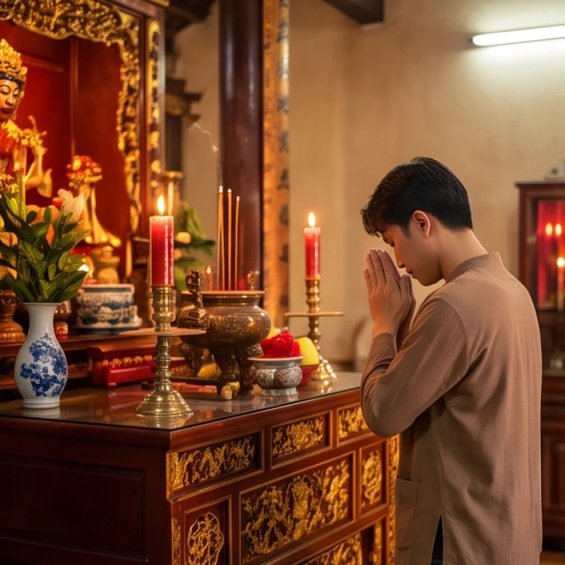 Văn khấn cầu duyên tại chùa: Trình tự dâng lễ và cách ghi sớ 4 Tín đồ chắp tay thành kính vái lạy và nhẩm đọc bài văn khấn cầu duyên tại ban thờ Đức Ông
