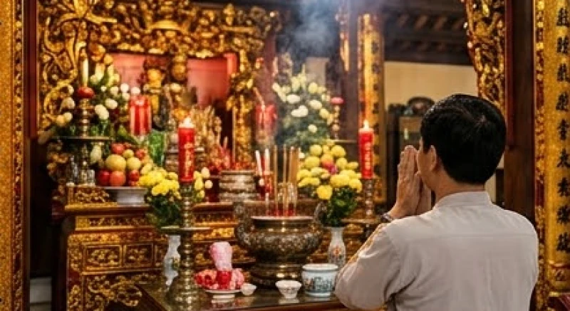 Văn khấn xin lộc Đền Ghềnh: Hướng dẫn cầu tài, sắm lễ chi tiết 4 Người đi lễ chắp tay thành tâm cầu nguyện trước ban thờ Tam Tòa Thánh Mẫu