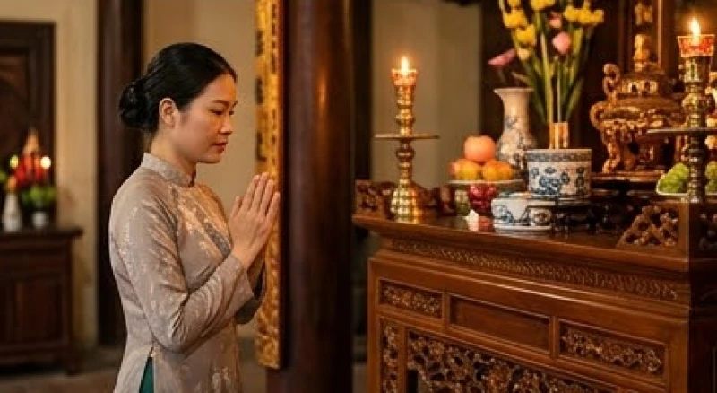 Người phụ nữ trong trang phục áo dài truyền thống thành tâm chắp tay đọc văn khấn Đền Mẫu Sòng Sơn