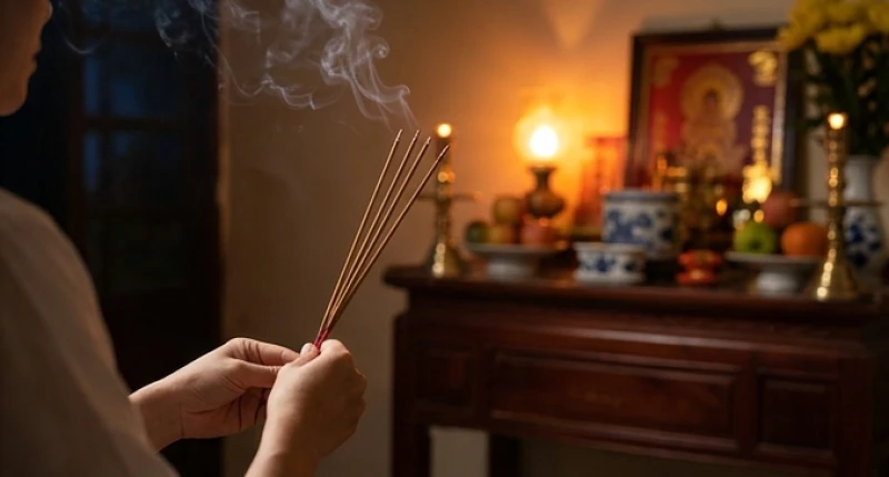 Gia chủ thành tâm thắp hương và khấn vái trong nghi lễ dâng sao giải hạn tại nhà