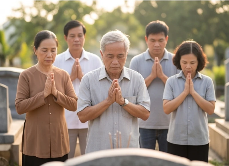 Các thành viên gia đình chắp tay thành kính lắng nghe người đại diện đọc bài khấn ngoài mộ
