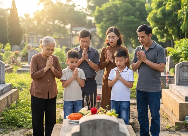 Văn khấn tạ mộ đầu năm: Bài cúng chuẩn và quy trình hạ lễ 7 Các thành viên trong gia đình đứng trang nghiêm trước phần mộ tổ tiên, chắp tay khấn vái cầu mong một năm mới bình an