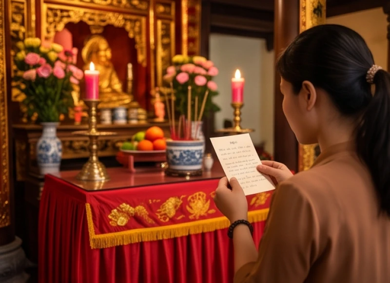 Một tín chủ đang chắp tay ngang ngực và thành tâm nhẩm đọc bài văn khấn xin lộc Cô Chín Sòng Sơn