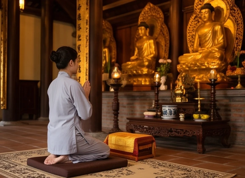 Người hành lễ quỳ trên bồ đoàn chắp tay cung kính đọc văn khấn cầu bình an gia đạo trước tượng Phật