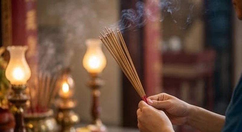Người hành hương chắp tay cầm nén nhang thắp sáng, thành tâm đọc lời khấn nguyện tại miếu