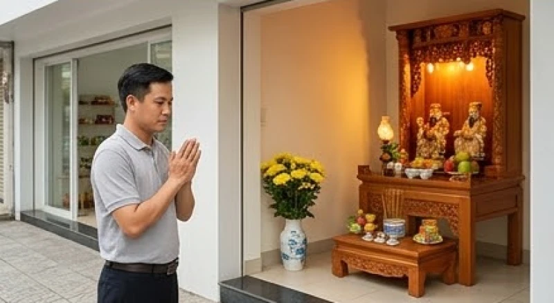 Chủ cửa hàng ăn mặc trang nghiêm đang đứng chắp tay khấn vái trước ban thờ Thần Tài đặt tại góc mặt bằng kinh doanh