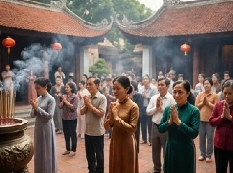 Hàng chục người đang đứng chắp tay trang nghiêm trước chính điện của một ngôi chùa cổ kính rợp bóng sương