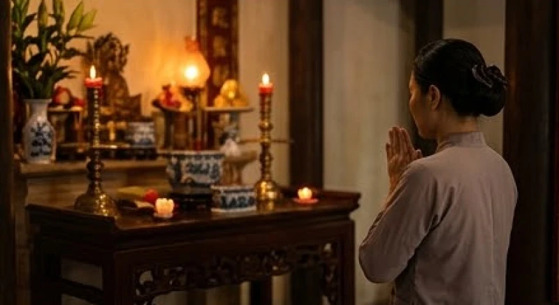 Tín chủ chắp tay thành tâm cầu nguyện và lầm rầm xướng danh trước ban thờ uy nghi tại Đền Thượng