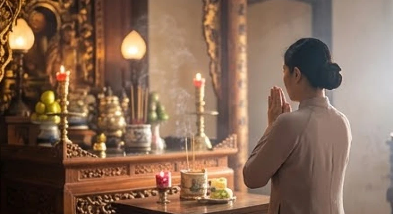 Văn khấn Quan Lớn Đệ Tam tại Đền Lảnh Giang: bài chuẩn, dễ nhớ 5 Người đi lễ chắp tay thành kính đọc văn khấn trước ban thờ Quan Lớn Đệ Tam