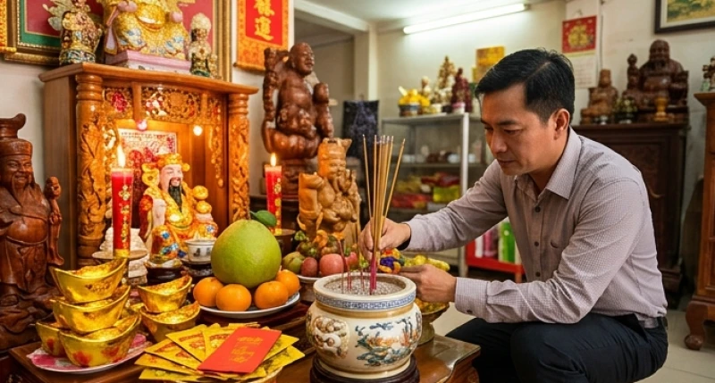 Gia chủ dâng hương tại ban Thần Tài cầu mong một năm buôn may bán đắt và công việc hanh thông