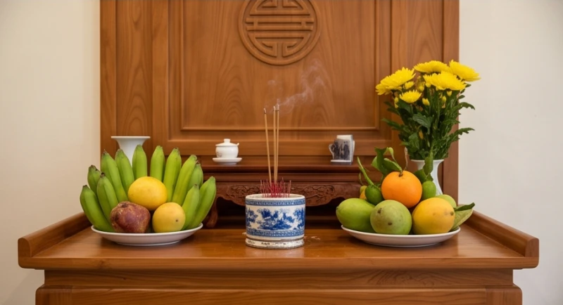 Văn khấn Chúa Thác Bờ: Bài khấn chuẩn và trình tự dâng lễ 6 Mâm trái cây thanh khiết được dâng lên ban thờ gia tiên khi người hành hương thực hiện nghi thức khấn vọng.