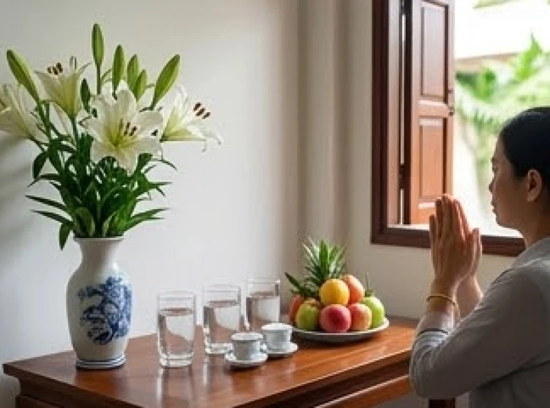 Văn khấn Đền Quốc Mẫu Tây Thiên: Văn bản chuẩn & Hướng dẫn sắm lễ 10 Mâm lễ nhỏ thanh tịnh gồm hoa tươi và nước lọc được đặt trên ban thờ để khấn vọng về Tây Thiên