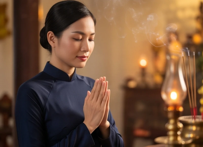 Nữ doanh nhân mặc áo dài kín đáo đang chắp tay khấn xin tài lộc buôn bán trước ban thờ tĩnh lặng