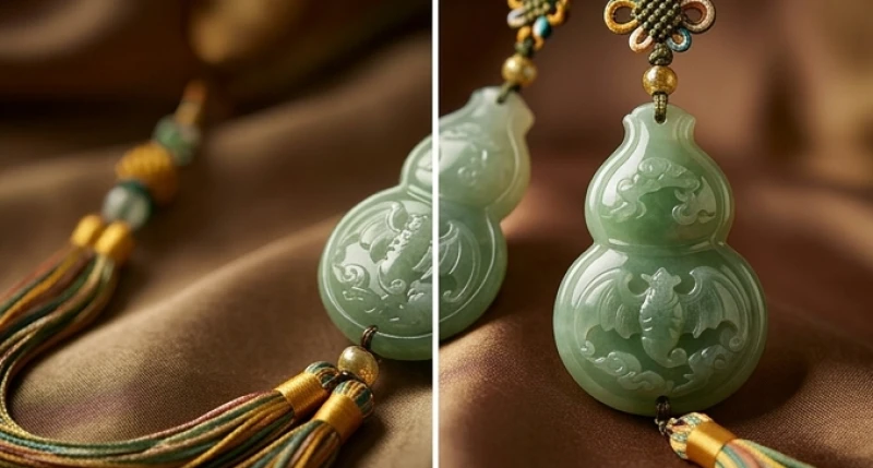 Chiếc khánh ngọc bích hình hồ lô chạm khắc tinh xảo treo lơ lửng bảo vệ bình an