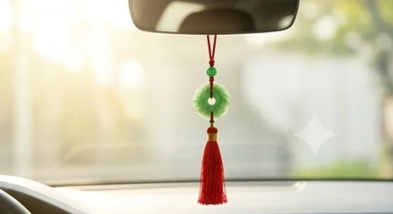 Khánh ngọc bích xâu chỉ đỏ được treo cẩn thận trên gương chiếu hậu bên trong xe hơi