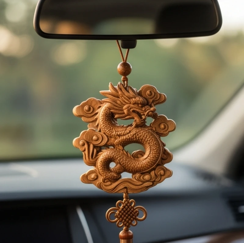 Vật phẩm treo xe ô tô hình rồng cuộn mây chạm khắc tỉ mỉ từ gỗ tự nhiên mang lại may mắn