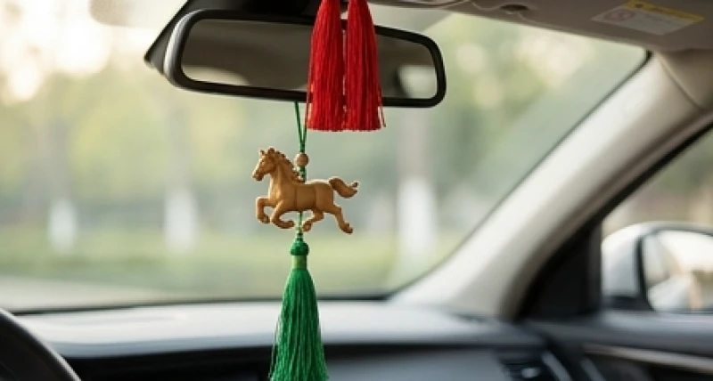 Tượng ngựa tung vó điêu khắc từ gỗ hoàng dương kết hợp dây tua rua treo trên gương chiếu hậu mang ý nghĩa chiêu tài