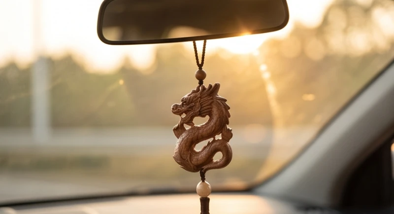 Chiếc khánh treo xe làm bằng gỗ huyết long tự nhiên tỏa ra hương thơm dịu nhẹ trong khoang lái ô tô