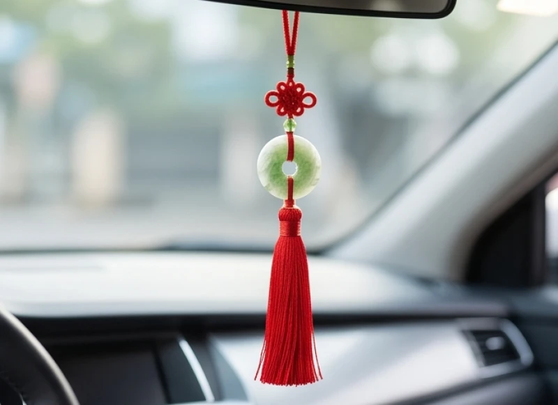Cận cảnh một chiếc khánh treo xe ô tô phong thủy có đính hạt đá và tua rua đỏ mang lại sự bình an