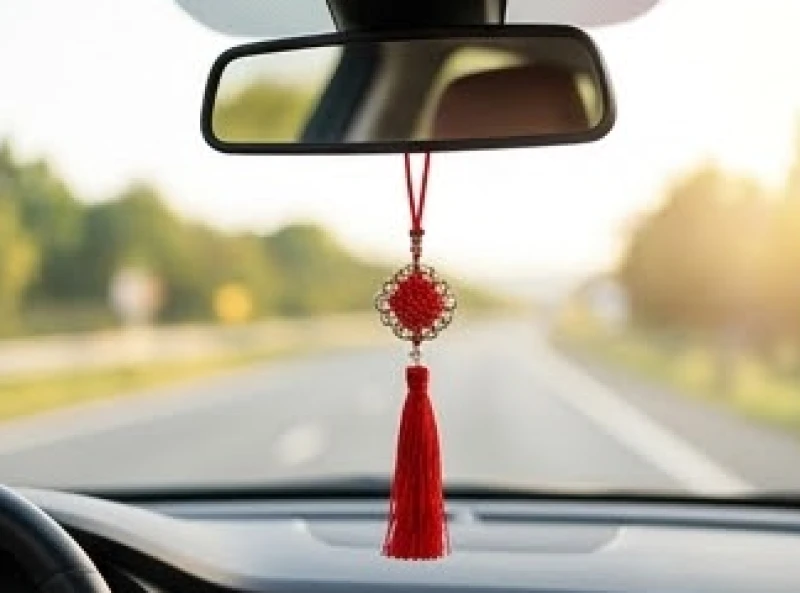 Khánh treo xe bằng đá thạch anh có tua rua đỏ nổi bật treo lấp lánh trên gương chiếu hậu trung tâm