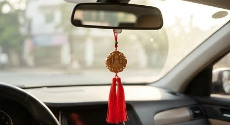 Khánh treo xe ô tô phong thủy có mặt gỗ và dây tua rua màu đỏ đung đưa dưới gương chiếu hậu