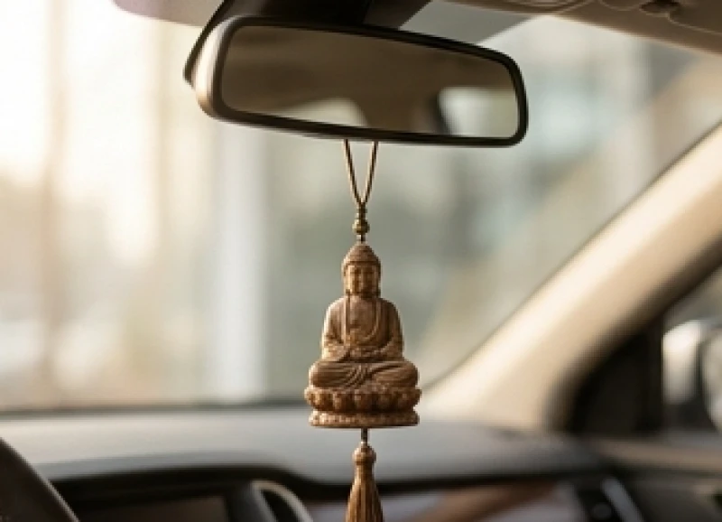 Vật phẩm treo xe cho người tuổi Tý: ngũ hành và cách khai quang 1 Chiếc khánh treo xe chạm khắc tượng Phật bằng gỗ trầm hương tự nhiên lơ lửng dưới gương chiếu hậu