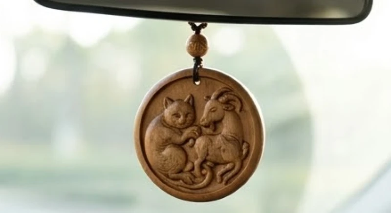 Mặt sau của khánh treo xe điêu khắc hình tượng linh vật Mèo và Dê cuộn tròn tinh xảo