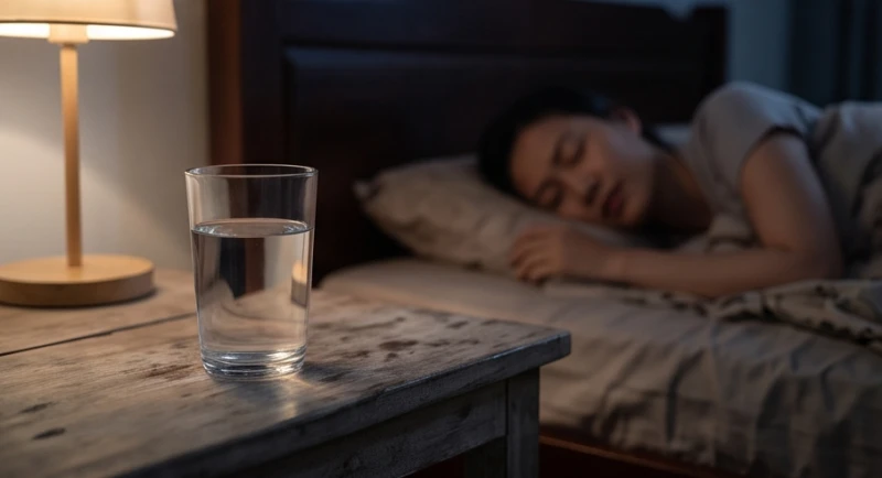 Mơ thấy ăn mặn: Giải mã tâm linh, tập khí & con số may mắn 7 Ly nước lọc tinh khiết đặt trên chiếc tủ đầu giường trong đêm tối