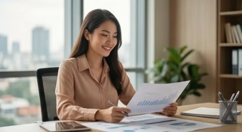 Mơ thấy nói tiếng Anh: Điềm báo tâm lý và cơ chế não bộ 1 Nữ nhân viên văn phòng người Việt đang mỉm cười tự tin nhìn vào tài liệu dự án trên bàn làm việc