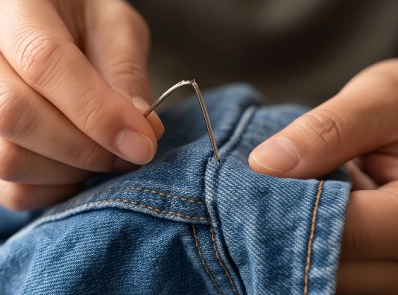 Cố gắng dùng kim mảnh để khâu qua nhiều lớp vải jean quá dày khiến thân kim bị cong gập