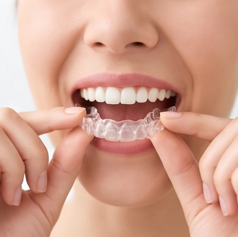 Bệnh nhân đang cầm trên tay một bộ khay niềng răng trong suốt để chuẩn bị đeo vào hàm
