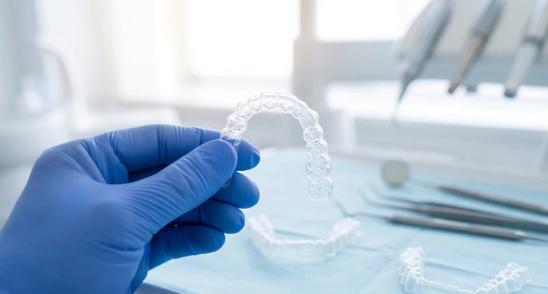 Khay niềng răng trong suốt Invisalign được đặt trên khay vô trùng tại phòng khám nha khoa