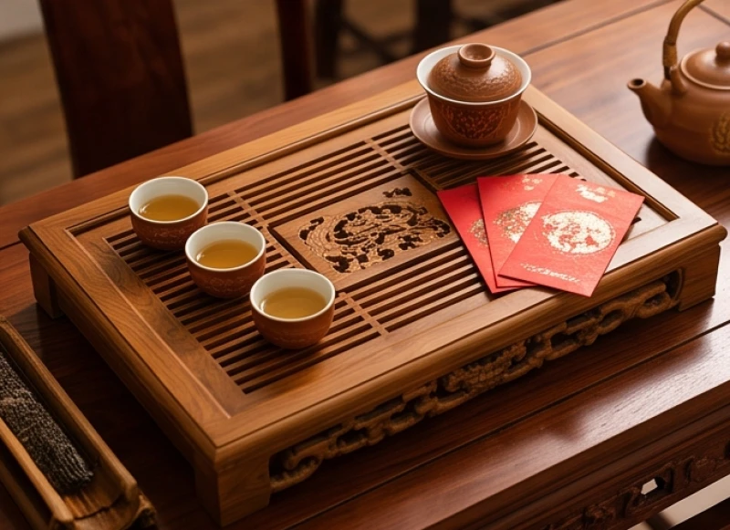 Khay trà cưới bằng gỗ chạm khắc tinh xảo đặt cạnh phong bao lì xì đỏ mang ý nghĩa chúc phúc
