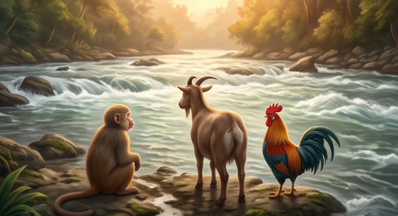 Ba linh vật khỉ, dê và gà trống đứng ngập ngừng trên bờ sông vì hiểu rõ hạn chế của vóc dáng nhỏ bé