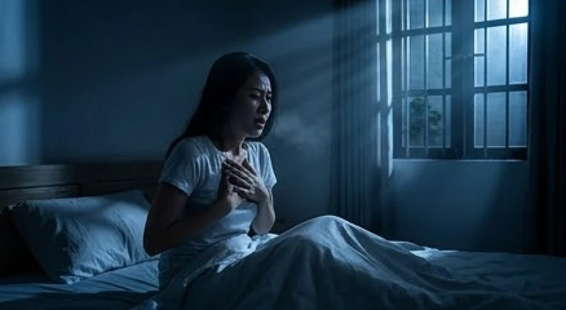 Mơ thấy mình rơi xuống nước: Điềm báo hung cát & bộ số 6 Người phụ nữ ôm ngực thở dốc trên giường ngủ giữa đêm tối khắc họa tình trạng kiệt sức thần kinh