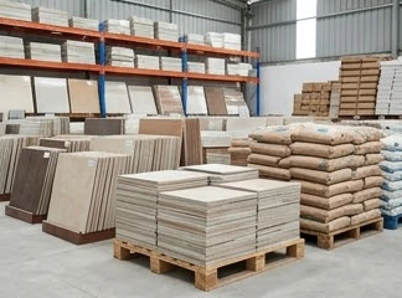 Kho bãi khô ráo chứa gạch ốp lát và vật liệu xây dựng sắp xếp gọn gàng