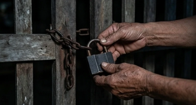 Đôi bàn tay cẩn thận cài chốt và bấm ổ khóa sắt trên cánh cổng gỗ vào đêm khuya để đề phòng trộm cắp